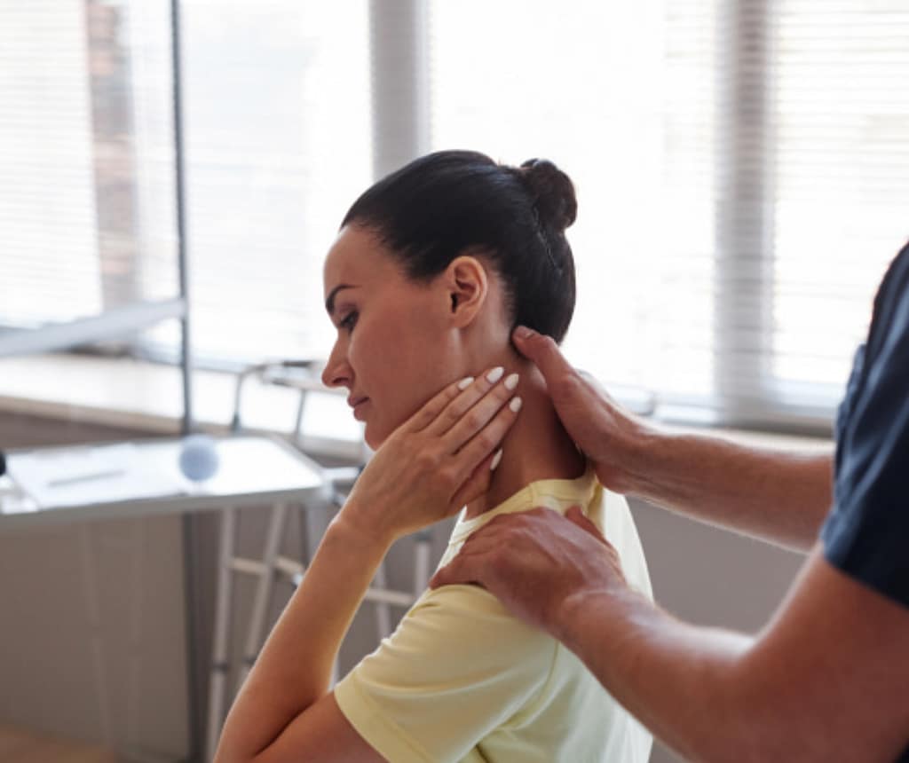 Chiropractor demonstrating neck stretching exercises for relief of stiffness, accompanied by informative text on optimizing neck health from Linwood and Northfield, New Jersey chiropractors.
